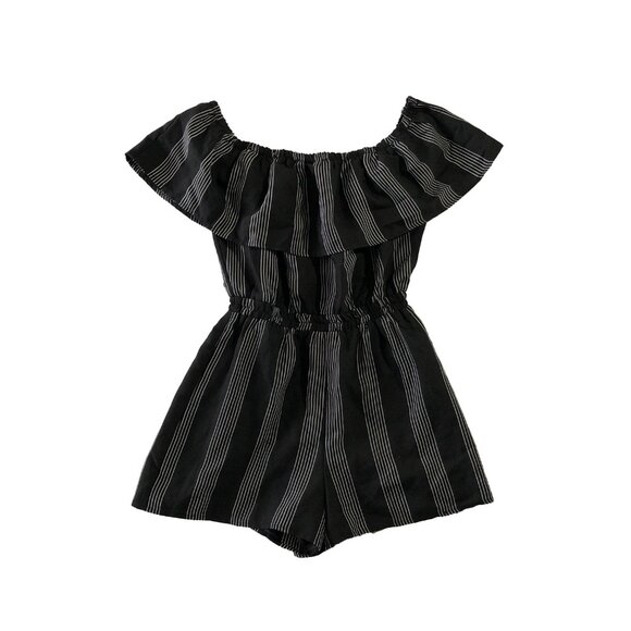 Lucca Romper Womens Size XS Black & White Striped Off-Shoulder Ruffled - Picture 2 of 6